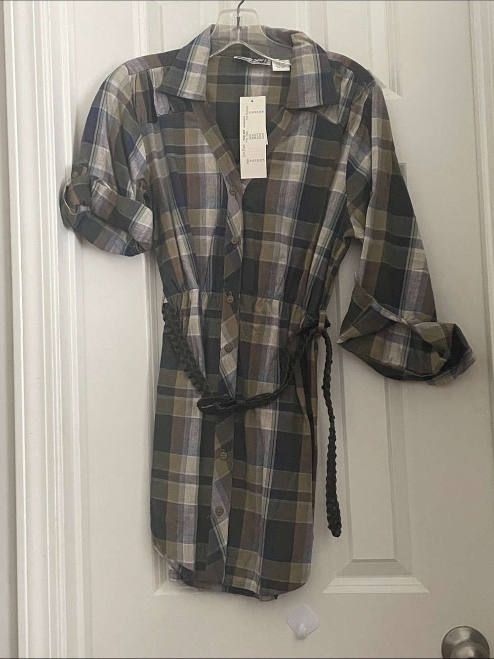 Plaid Asymmetrical Skirted Shirt Dress with Braided Belt - Olive & Navy
